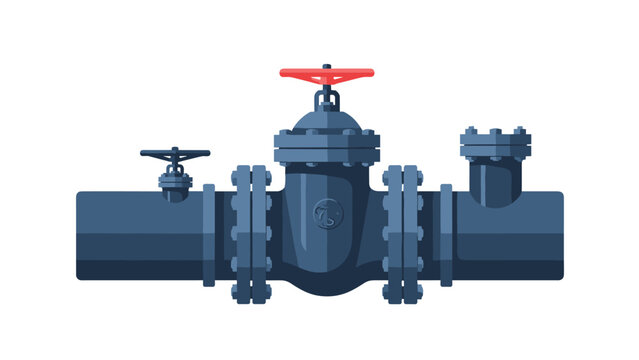 Industrial dark blue pipe assembly featuring multiple flanges and a large red hand wheel valve for oil or gas transportation themes.