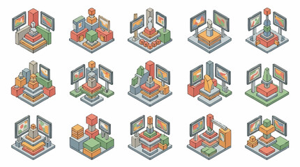 Collection of isometric pixel art museum display stands with artifacts and screens. © Anyar