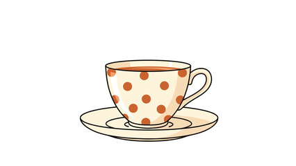 Fototapeta premium Classic porcelain teacup with brown polka dots sits on a matching saucer filled with hot black tea or coffee on a white background.
