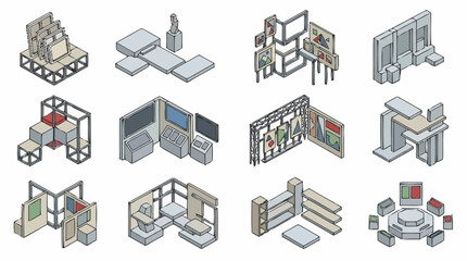 Collection of isometric exhibition stands and booths for trade shows and events. © Anyar
