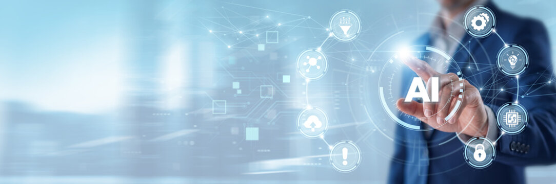 AI, Businessman touching artificial intelligence dashboard and networking data, machine learning automation, big data analytics, futuristic business technology solutions