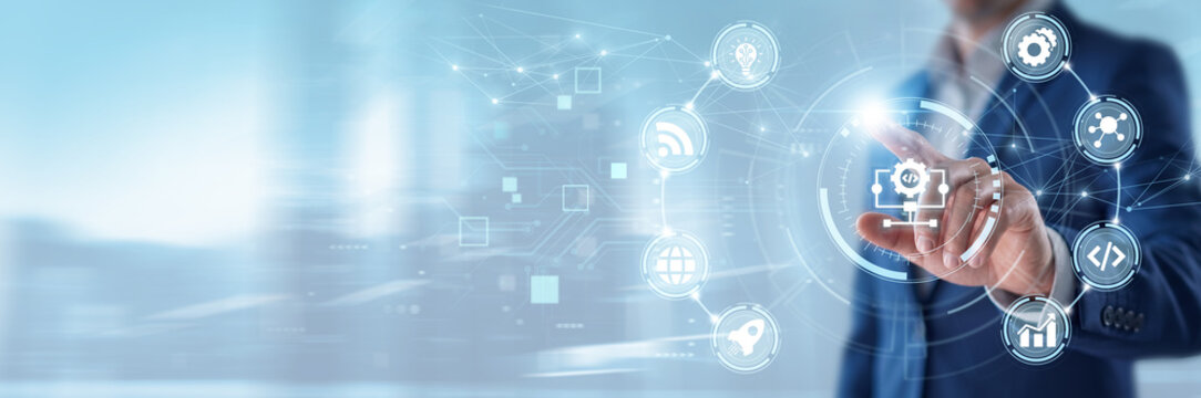 Algorithm development, Businessman touching coding interface and networking data, software engineering innovation, data processing optimization, advanced programming technology concept
