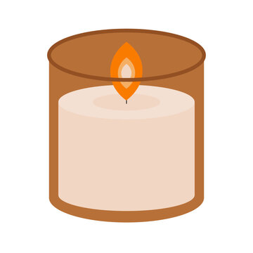 Burning scented candle in brown glass jar on white background. Cozy wax item with bright orange flame for home decor interio