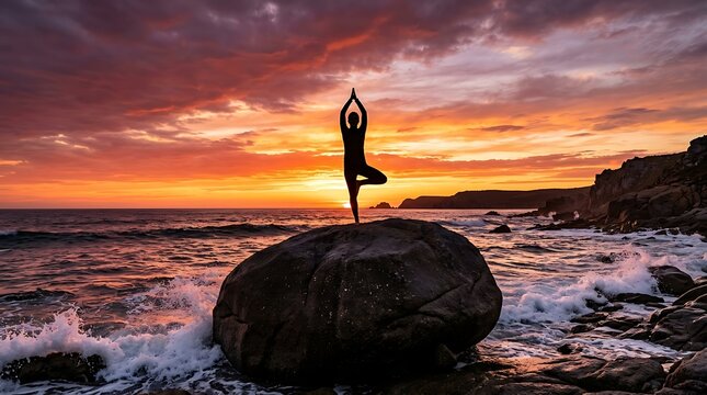Serene Sunset Yoga Pose on Coastal Rock with Ocean Waves.