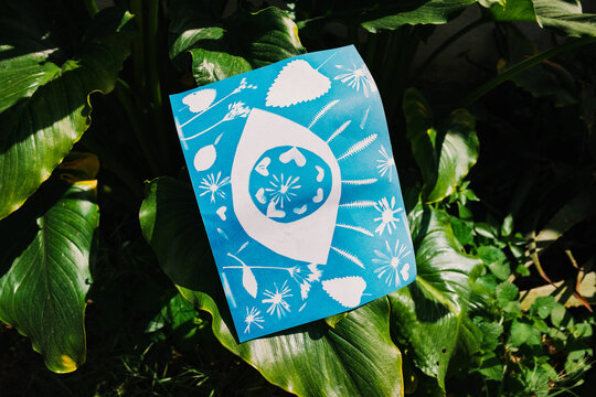 Handmade Cyanotype Art on Lush Green Leaves