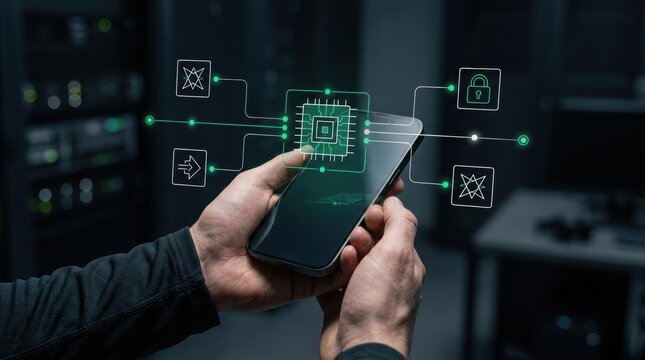 IT professional using smartphone with a glowing green microchip hologram for secure network data management in a server room, artificial intelligence, cybersecurity modern technology business concept