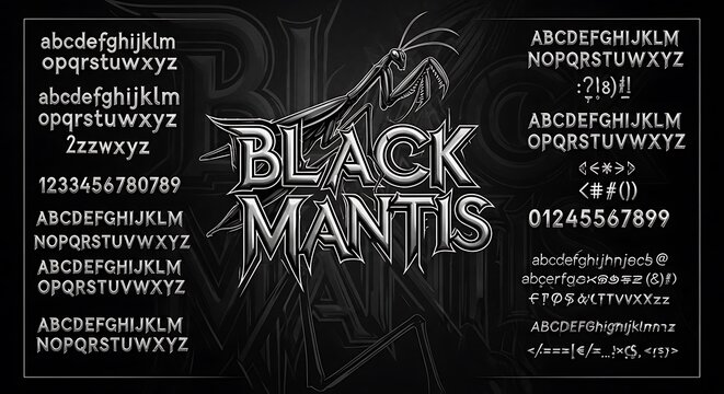 Black Mantis font display with various metallic characters on dark background