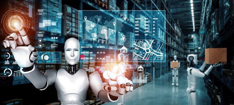 Innovative industry robot working in warehouse for human labor replacement. Concept of artificial intelligence for industrial revolution and automation manufacturing process.