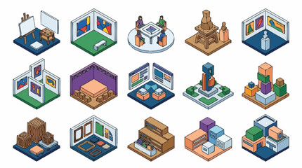 Isometric collection of exhibition stands and booths for trade shows and events. © Anyar