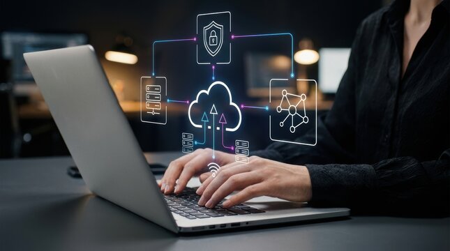 Professional hands typing on laptop with glowing cloud computing hologram and data security interface, cyber security management, digital transformation, cloud modern technology business concept