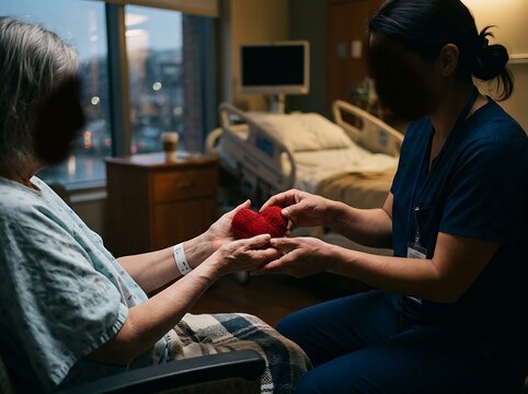 Nurse giving a heart-shaped gift to a patient in a hospital room, symbolizing care and compassion.