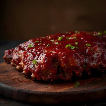 Slow cooked BBQ pork ribs with sticky glaze on a wooden cutting board