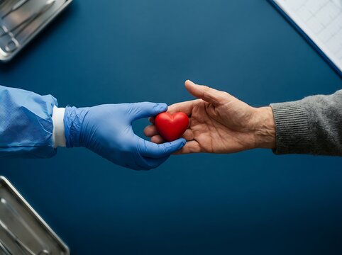Doctors gloved hand giving a small red heart to a patient, symbolizing care and health.