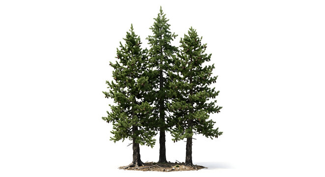 Group of tall pine trees, isolated on white and white background