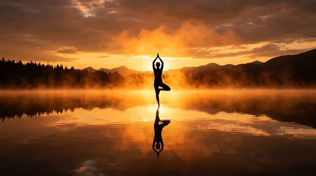 Silhouette of a Woman Performing Yoga Tree Pose at Sunrise Reflection on Misty Lake.