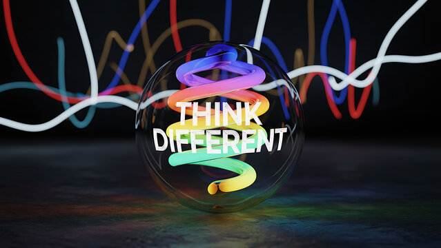 Vibrant incandescent glass lamp glowing with neon rainbow colors featuring the inspirational phrase think different representing creative innovation and artistic brain storming idea