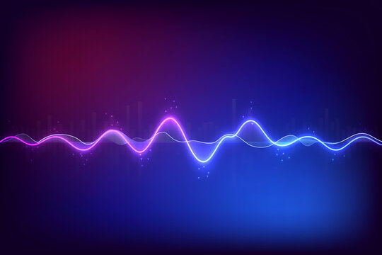 Neon sound wave, purple and blue gradient background, glowing waveform with particles