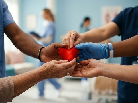 Hands passing a red heart symbol representing charity and donation.