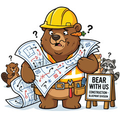 Fototapeta premium Funny bear mascot wearing hard hat and safety vest confused by complex construction blueprints with other animals