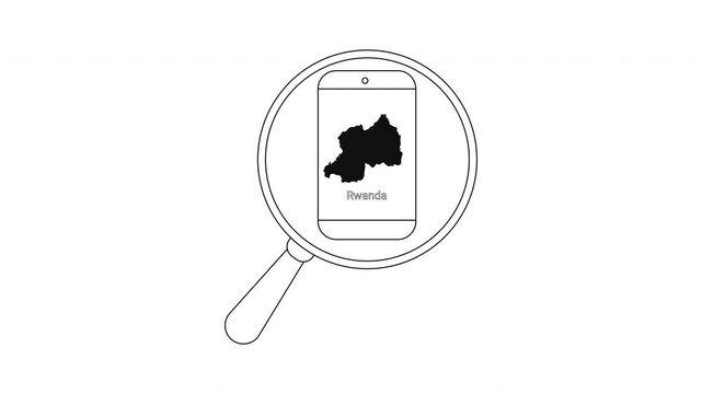 Magnifying glass over smartphone displaying map of Rwanda.