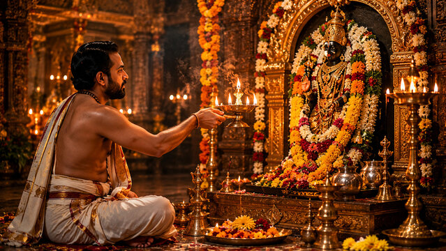 A stunning devotional scene capturing a Hindu priest performing traditional aarti before Lord Vitthal in an ancient temple illuminated by hundreds of oil lamps.