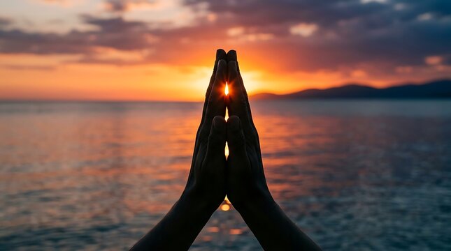 Hands in prayer position silhouetted against a vibrant sunset over the ocean.