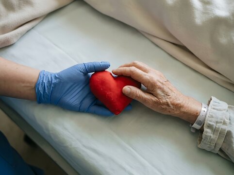 Nurse holding a red heart with an elderly patients hand.