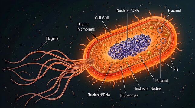 Detailed diagram of bacterial cell structure isolated on transparent background, Vector