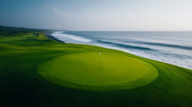 Golf tee-off at sunrise coastal course aerial view serene atmosphere nature's beauty perfect for golf enthusiasts