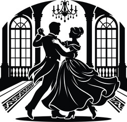 Fototapeta premium Dancing couple silhouette against an arched window and chandelier backdrop ballroom dance waltz black and white monochrome vector illustration formal wear gowns tuxedos floor interior design romantic