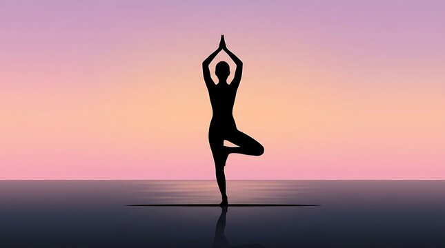 Silhouette of a person in a yoga tree pose against a serene sunset sky.