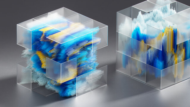 Abstract data forms inside transparent cubes