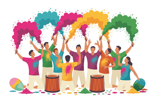 Vibrant Diverse Group Celebrating Holi Festival with Colorful Powder Illustration