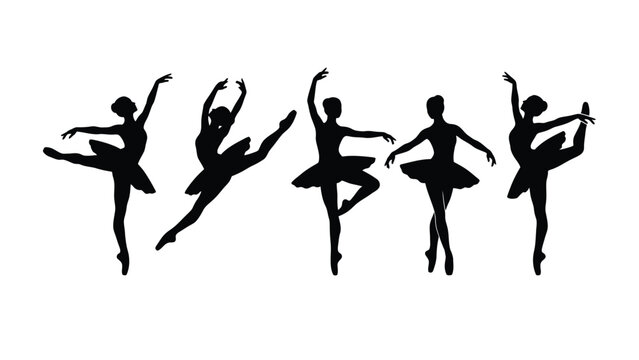 Ballet dancer silhouettes in black a graphic representation of classical dance poses ballerina dancers silhouette black and white illustration vector art performance stage pointe arabesque pli jet