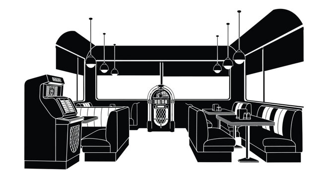 Diner interior with booths jukebox and tables black silhouette