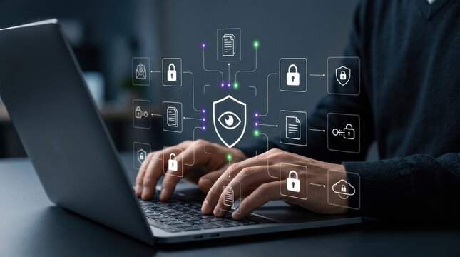 Professional typing on laptop to manage secure network with encrypted document icons and glowing shield interface, cybersecurity concept, cloud computing, data modern technology business concept