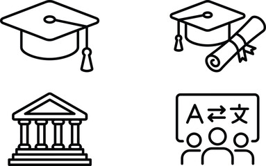 Fototapeta premium Graduation Cap Icons, Education and Language Learning Line Art Set