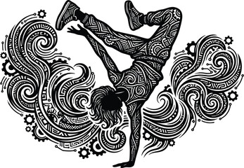 Breakdancer illustration with swirling ornamental design and mechanical gear elements black and white breakdancing b boy b girl dancer dancing performing arts street dance urban culture ornament © Sumy