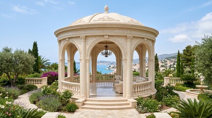 Obraz premium Luxury garden gazebo, Mediterranean villa, beige stone architecture, scenic ocean view isolated on Transparent Background