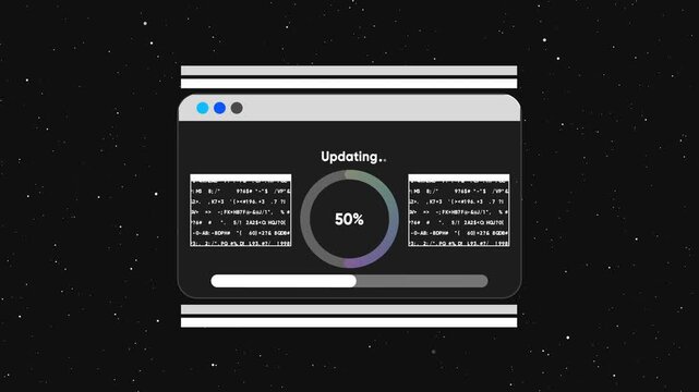 Software system update progress bar with digital code interface animation