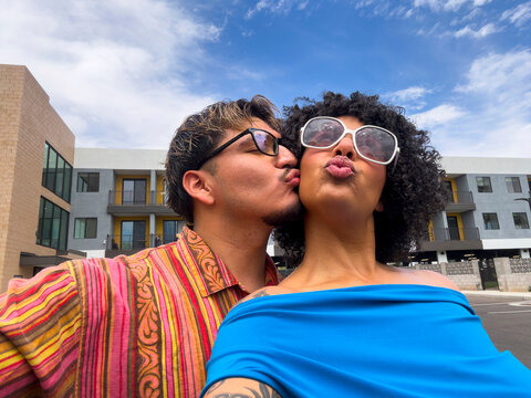UGC Black Girl Hispanic Friend selfie kiss Portrait outdoors  
