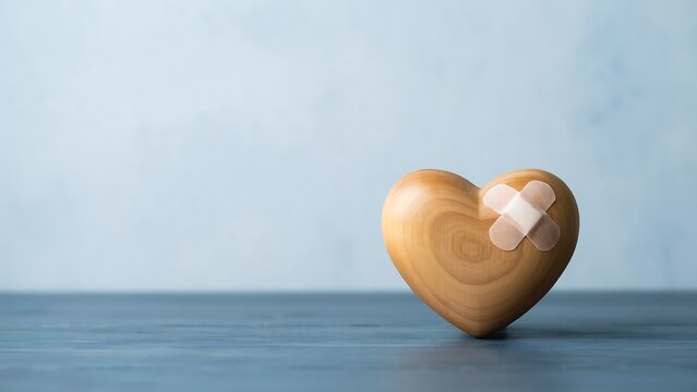 Wooden heart with adhesive bandage symbolizing healing recovery care and emotional support