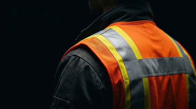Rear view of industrial worker wearing orange high visibility safety vest over dark jacket against black background highlighting workplace protection and security gear.