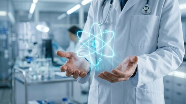 Scientist in white lab coat holding glowing digital holographic atom symbol between hands in modern research laboratory representing nuclear energy and innovation.