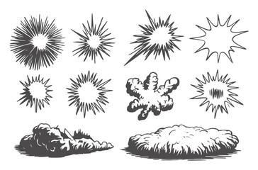 A collection of hand-drawn comic book style explosion, impact, and smoke cloud effects isolated on a white background © Batter stock