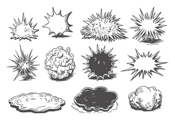 A collection of hand-drawn comic book style explosion, impact, and cloud effects isolated on a white background © Batter stock