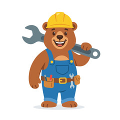 Fototapeta premium A funny bear mascot wearing a hard hat and overalls holds a large wrench, ready for construction work