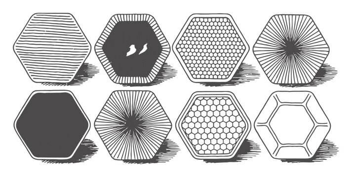 A collection of eight unique hexagonal shapes featuring various hand-drawn geometric patterns and textures in black and white