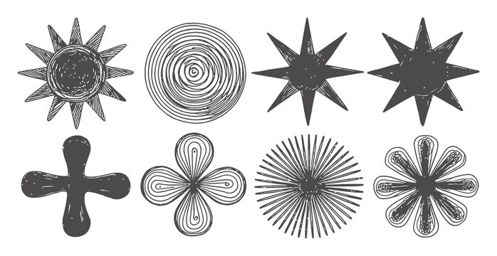 A collection of hand-drawn doodle shapes including stars, suns, flowers, and abstract circular patterns on a white background