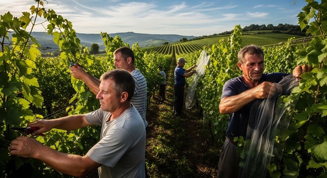 Experienced Vineyard Workers Harvesting Grapes in Sunlit Rural Vineyard